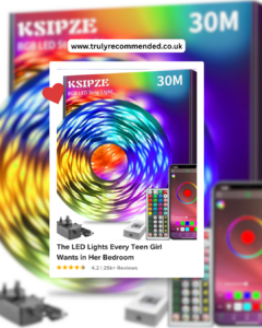 KSIPZE 30m RGB LED strip lights in a teen girls bedroom showing colour changing music sync lighting a brilliant gift idea available on Amazon UK
