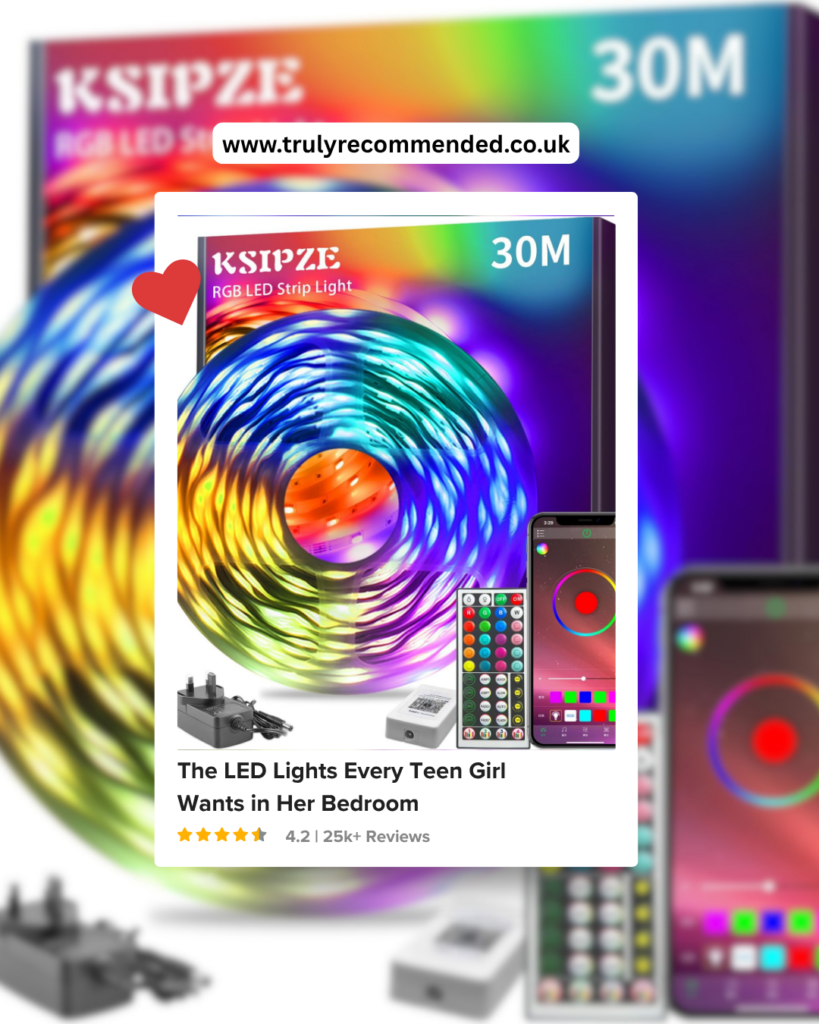 KSIPZE 30m RGB LED strip lights in a teen girls bedroom showing colour changing music sync lighting a brilliant gift idea available on Amazon UK
