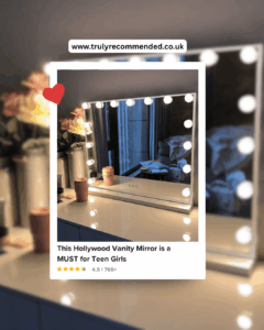 FENCHILIN hollywood vanity mirror gift for teen girls with 15 LED lights and USB charging port on a white dressing table