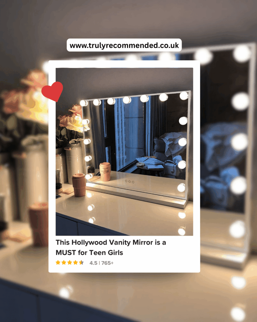 FENCHILIN hollywood vanity mirror gift for teen girls with 15 LED lights and USB charging port on a white dressing table