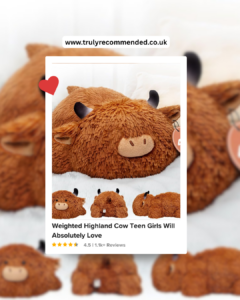 Mewaii weighted highland cow stuffed animal in brown and white a large soft and cuddly gift idea for teenage girls available on Amazon UK