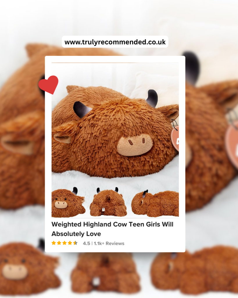 Mewaii weighted highland cow stuffed animal in brown and white a large soft and cuddly gift idea for teenage girls available on Amazon UK